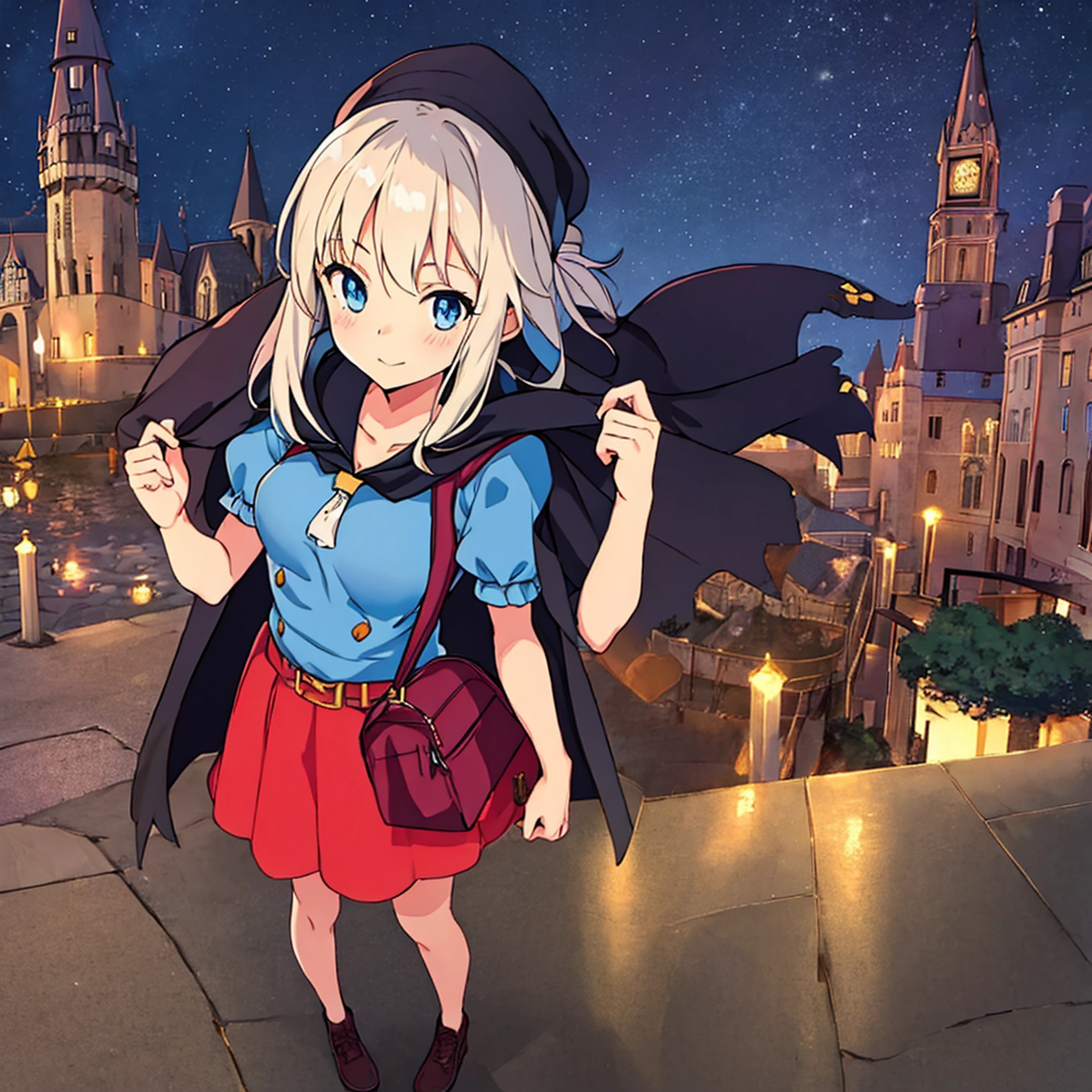 night sky, castle, 1girl, standing, solo, full body, , maribe, puffy short sleeves, cape, bag