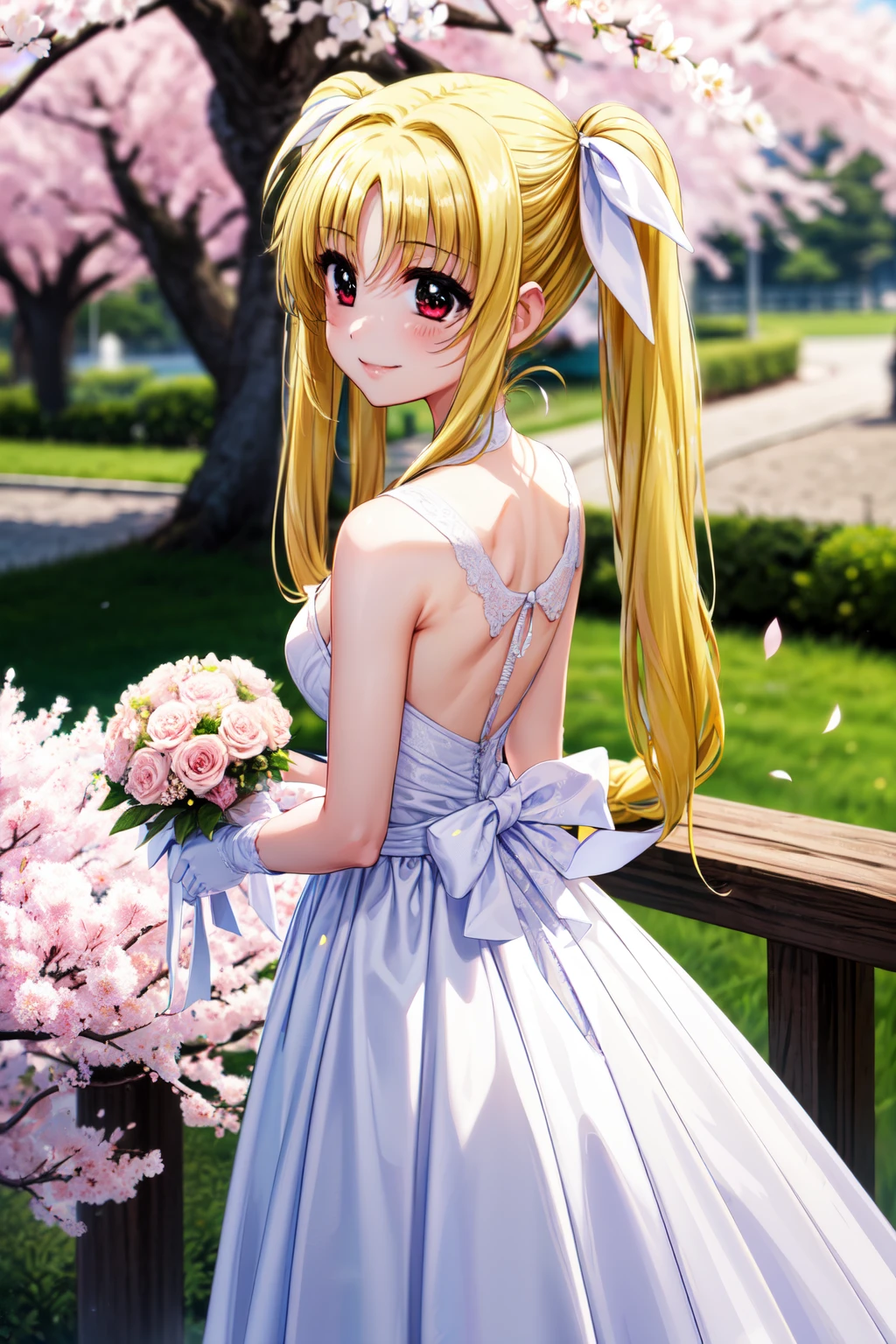 1 girl, 28 years old, Long yellow hair pigtails, red eyes with slit pupils, small breasts, master-piece, best quality,  proportional body, proportional, Wedding Dresses, White Wedding Dress, Long skirt, wedding, Under the cherry blossom tree background, Cherry blossom petals are falling, outdoor, wedding, Upper body, The sky is beautiful, Both hands hold a bouquet of flowers, white gloves, Make eye contact with the camera, back figure, looking back, (light_Smile:1.5), (Detailed hands and fingers:1.2)