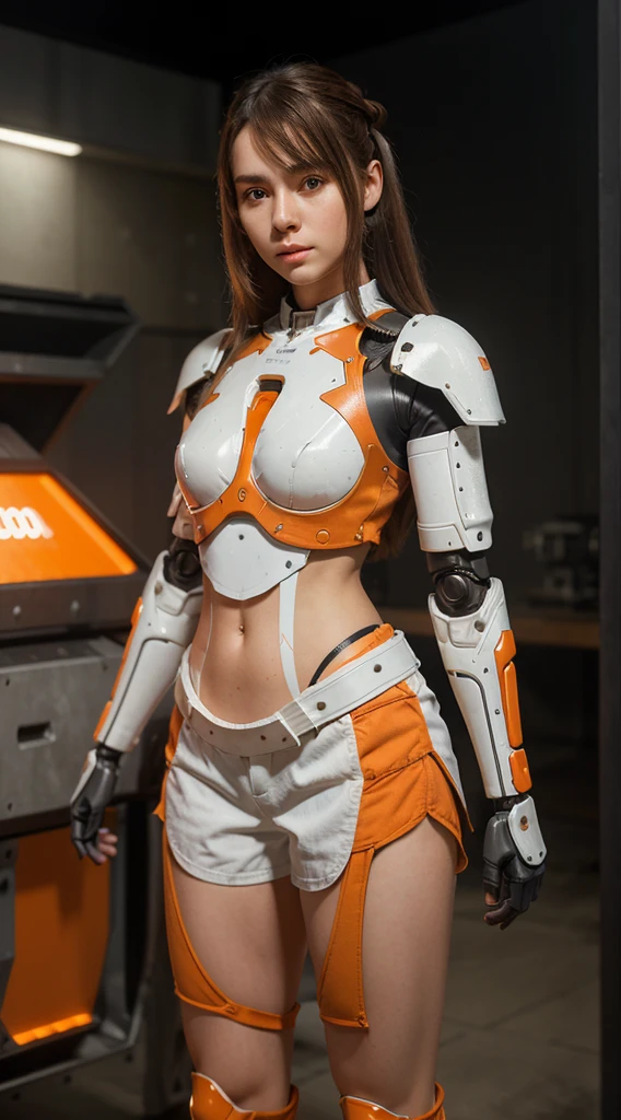 Create a detailed and realistic image of a humanoid girl robot with intricate white and orange armor, shot top, very shorts armor, posed in front of a complex mechanical background. The robot should have human-like hair but its face is not visible.