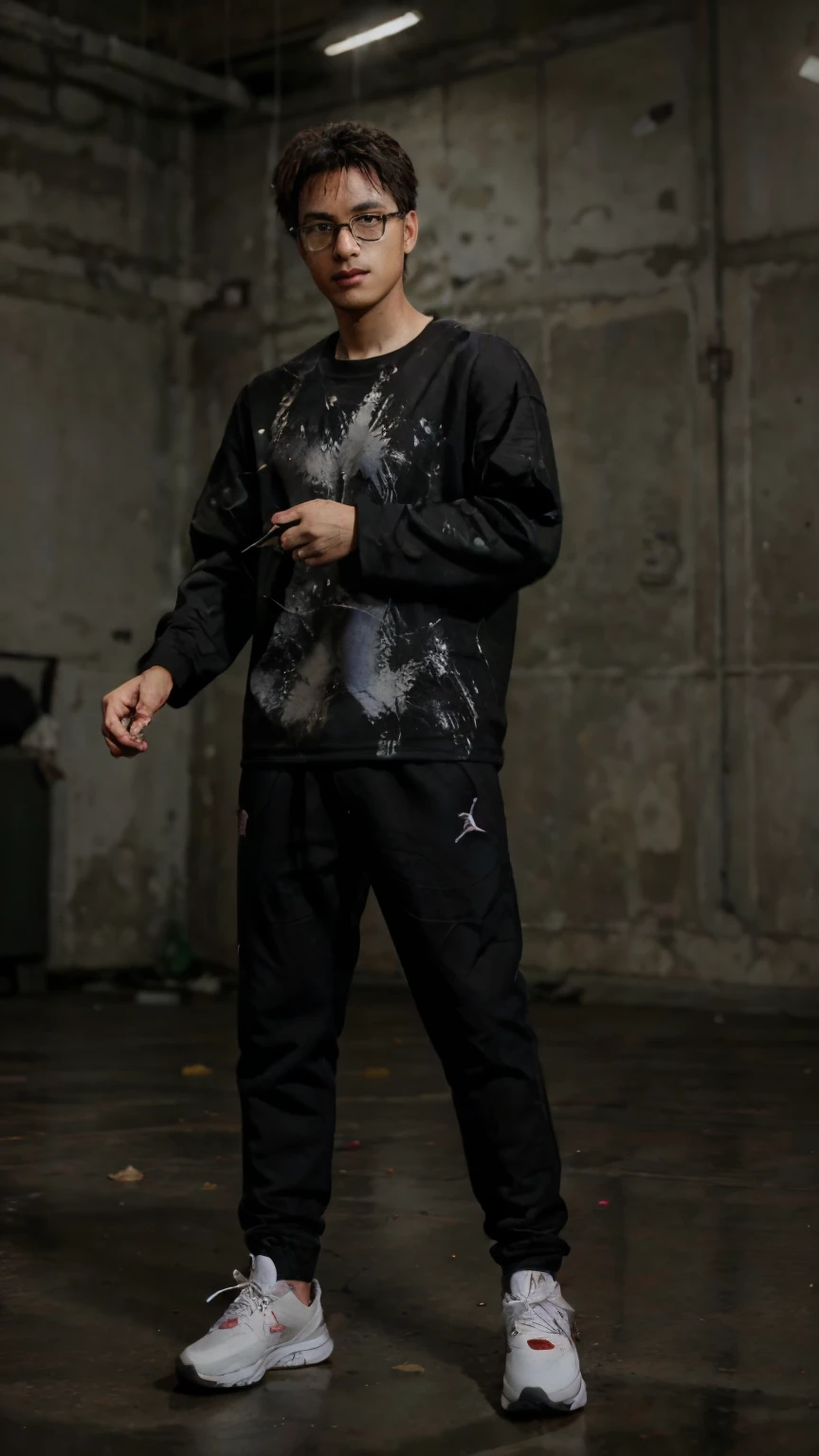 a man with black long sleeves and glasses, messy hair, Jordan shoes