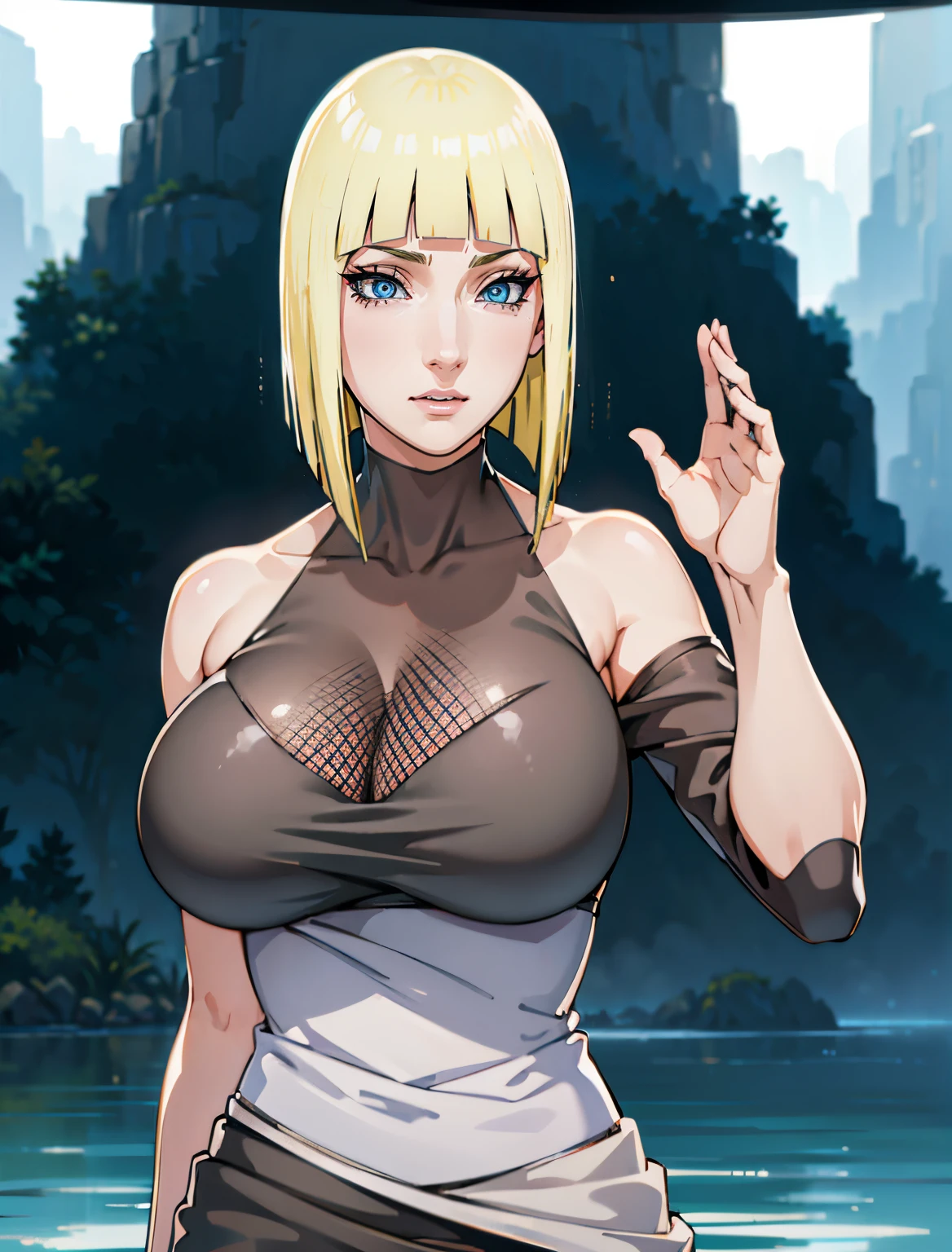 (Best quality at best,4K,8K,A high resolution,tmasterpiece:1.2),ultra - detailed,(actual,realistically,realistically:1.37), Ultra HD face, A very large woman holding, Koh Samui, Koh Samui, eBlue eyes, Blonde hair, Short hair details, through bangs, bluntbangs,
fracture, fishing nets, a skirt, grey dress, a skirt, Gray skirt, Best quality, A high resolution, Unity8k wallpaper, (lamplight:0.8), (beautidful eyes:1.6), Extremely detailed face, perfect litthing, extremely detremely detailed CG, (Perfect hands, perfect anatomia), , Crazy expansion, Larger than shoulder blade, Hourglass figure, big chest and thin waist, Fitness model, Ruddy cheeks, breath through, drenched all over the body, sweaty, A smile