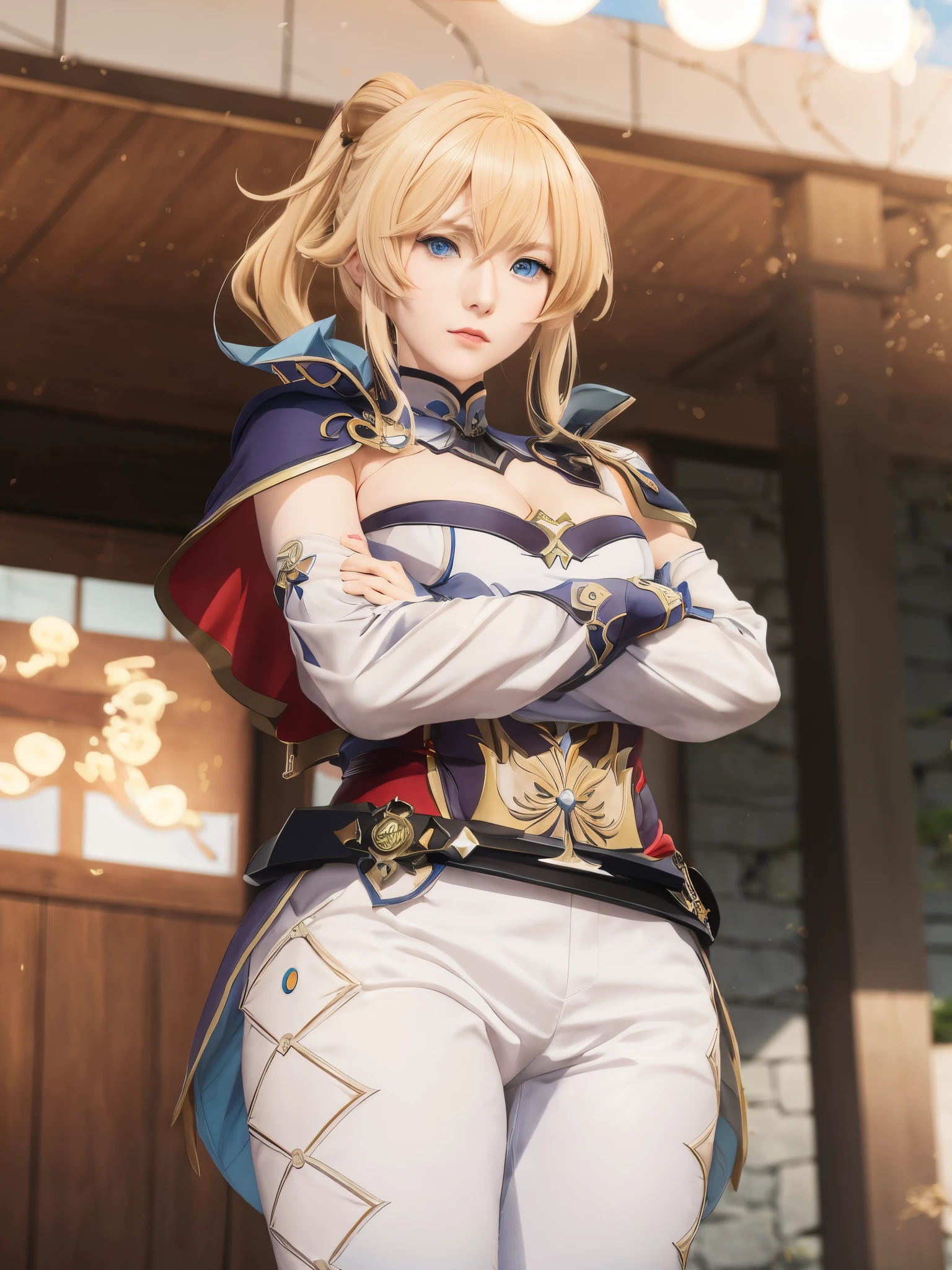 Anime character with blond hair and blue eyes standing in front of a building, Ayaka Genshin impact, Artoria Pendragon, ayaka game genshin impact, Kushatkrenz Key Art Women, offcial art, 《Genshin Impact》Keqing in, Genshin impact's character, anime visual of a young woman, From《Azur route》videogame, Genshin Impact