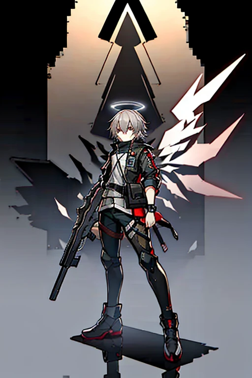 (masterpiece), best quality, solo, arknights design, arknights character, arknights style, dynamic pose, full body, arknights operator, lean body, toned body, Ash gray hair, white halo, sharp eyes, gray eyes, pale skin, medium height, dark, durable pants, reinforced jacket, vest, boots, pistol holster, pistol strap, combat knife, bangs between eyes, man, young man, boy, male, militant, holographic angular shaped wings, ashes, black smoke from behind, black silence, night