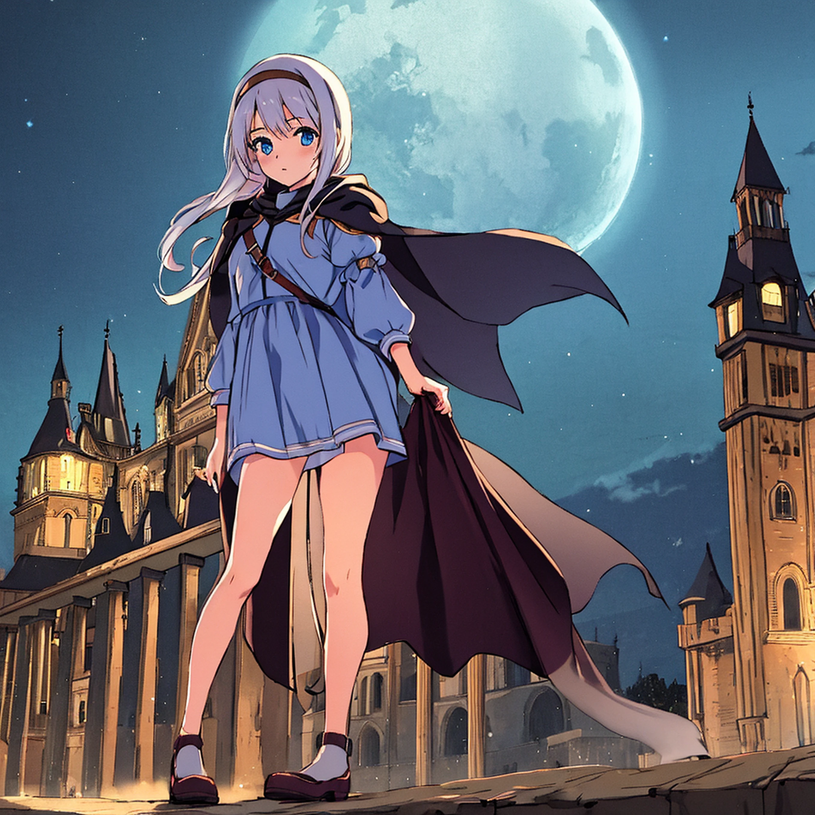 night sky, castle, 1girl, standing, solo, full body, , maribe, puffy short sleeves, cape, bag