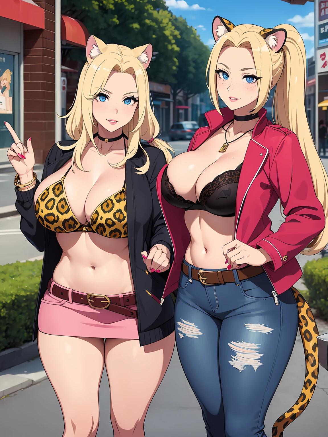 ((mature)), (milf) , (cat ears), (cat tails), ((leopard print)), blonde hair, (long pony tail), ((big hair)), (messy hair), blue eyes, (pink lips) , (large breasts), cleavage, wide hips, narrow waist, ((thighs)), navel , open jacket, red jacket, bra , belt, denim skirt, freckles, necklace, bracelets, choker, painted nails, soft makeup, evil smile, parted lips, posing, outdoors, mall, street, solo,
