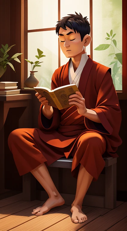 arafed monk reading a book in a room with a window, concept art of a monk, monk meditate, monk, 2 1 st century monk, buddhist monk, portrait of monk, buddhist, ancient, buddhist monk meditating, enlightenment, fisting monk, monk clothes, aang, buddhism, full color illustration, beautiful avatar pictures