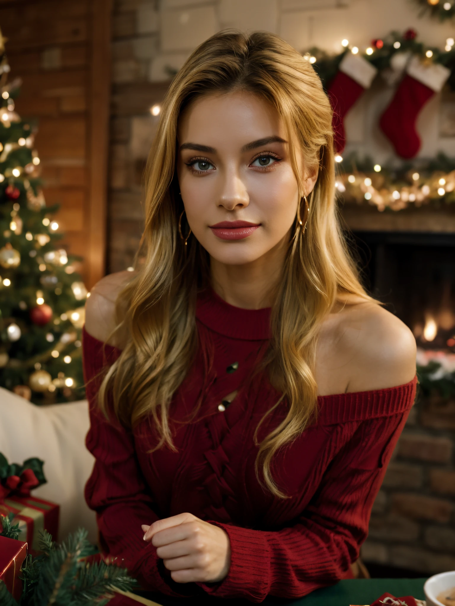 1girl, jewelry, blonde hair, red sweater, solo, looking at viewer, sweater, long hair, earrings, christmas tree, gift, indoors, blurry, blurry background, sitting, realistic, christmas, table, box,gift box, off-shoulder sweater, bare shoulders, off shoulder, chair,  shoulder cutout, christmas ornaments, fireplace, long sleeves, cup，smile