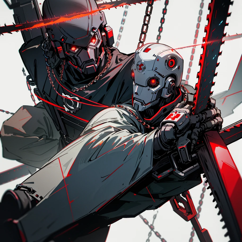 Dark_Fantasy,Cyberpunk,(chain saw,chain saw man,Red:1.1),1man,Mechanical marvel,Robotic presence,Cybernetic guardian,