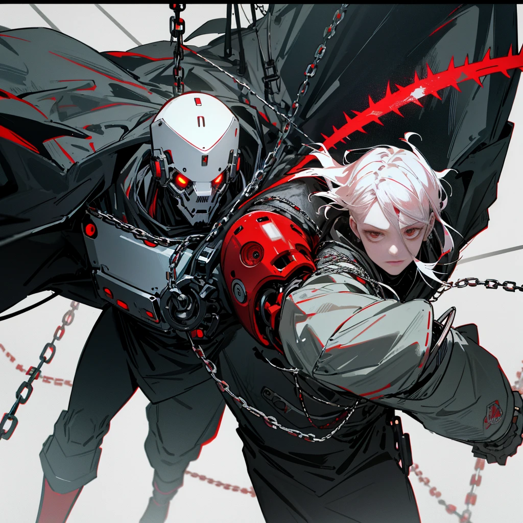 Dark_Fantasy,Cyberpunk,(chain saw,chain saw man,Red:1.1),1man,Mechanical marvel,Robotic presence,Cybernetic guardian,