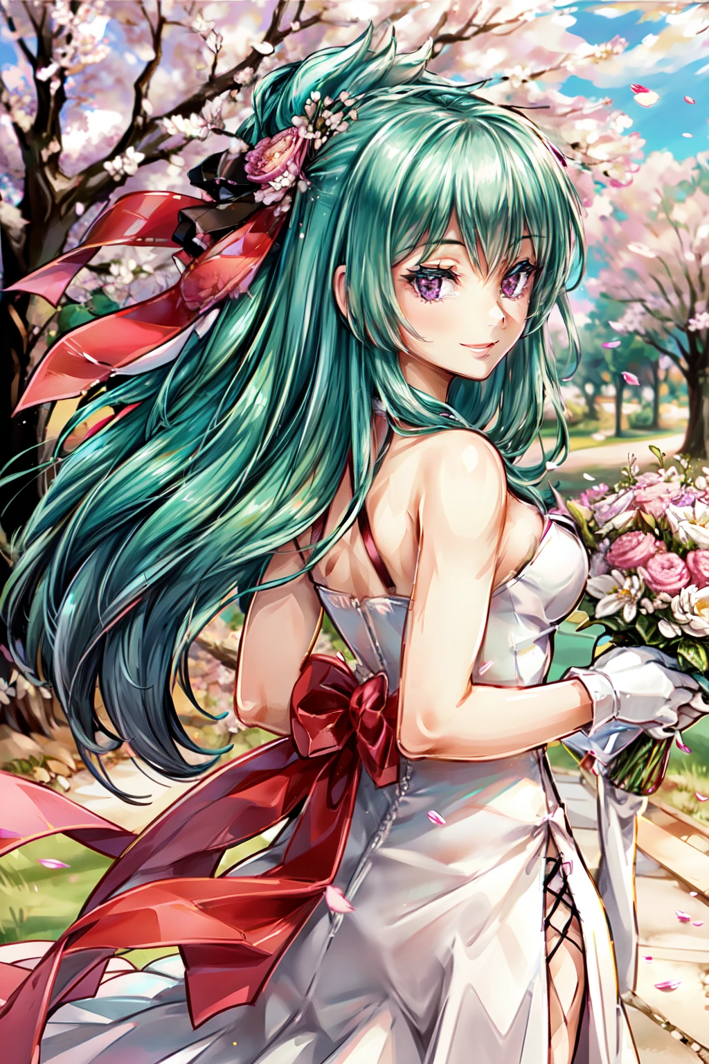 1 girl, 28 years old, Long aqua hair and high ponytail, purple eyes with slit pupils, small breasts, master-piece, best quality,  proportional body, proportional, Wedding Dresses, White Wedding Dress, Long skirt, wedding, Under the cherry blossom tree background, Cherry blossom petals are falling, outdoor, wedding, Upper body, The sky is beautiful, Both hands hold a bouquet of flowers, white gloves, Make eye contact with the camera, back figure, looking back, (light_Smile:1.5), (Detailed hands and fingers:1.2)