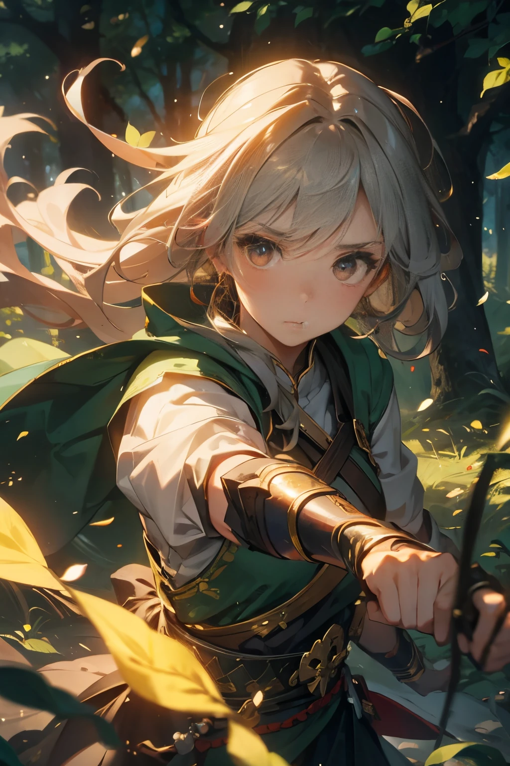 female warrior shooting a bow, Deep Forest, blowing in the wind, (Highest Quality), Delicate and beautiful details,