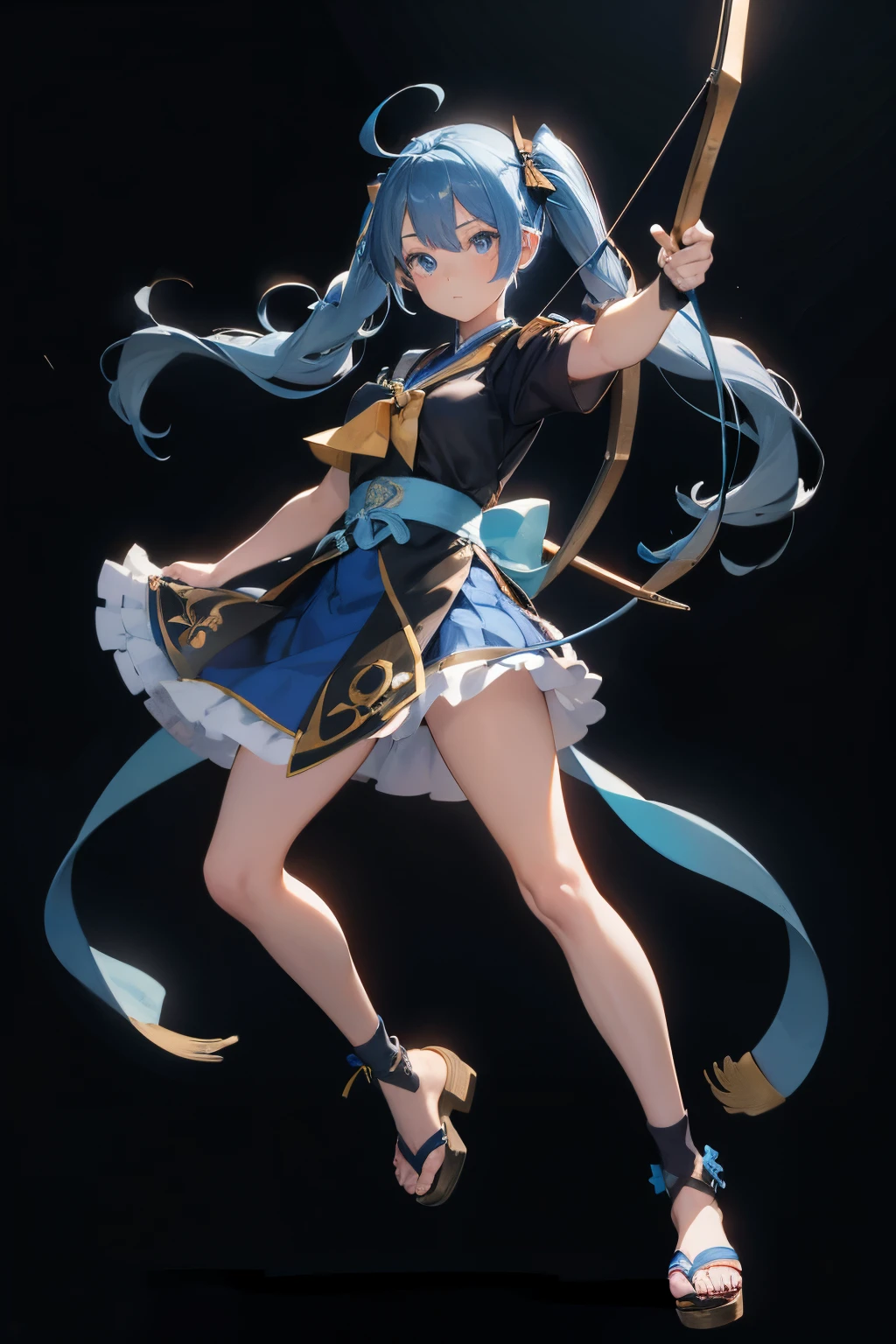 Anime-style, 1girl in, Solo, expressionless face, Blue hair, Long length, Twintails with ahoge, Right eye covered with bangs, Blue eyes, Dressed in traditional costume with black Japan, Black clog sandals, Drawing a bow, Against the background of dimensionlessness, full-body composition, In the pose of firing a bow and arrow.