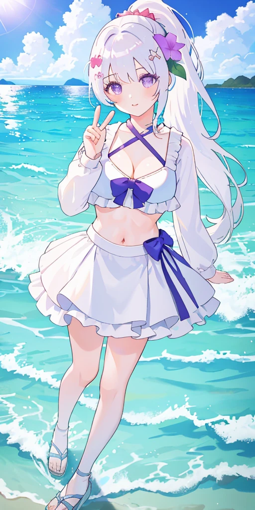 (Best quality, 4k, Masterpiece :1.3), (realistic:1.2), 1girl, white hair, ponytail, purple eyes, makeup, korean girl, parted lips, blush, bikini, side-tie bikini bottom, [abs:0.3], [collarbone:0.8], medium breasts, light smile, peace sign, v, beach, sand, ocean, waves, sun, sunlight, water reflection, shiny skin, hair ornament, hair flower