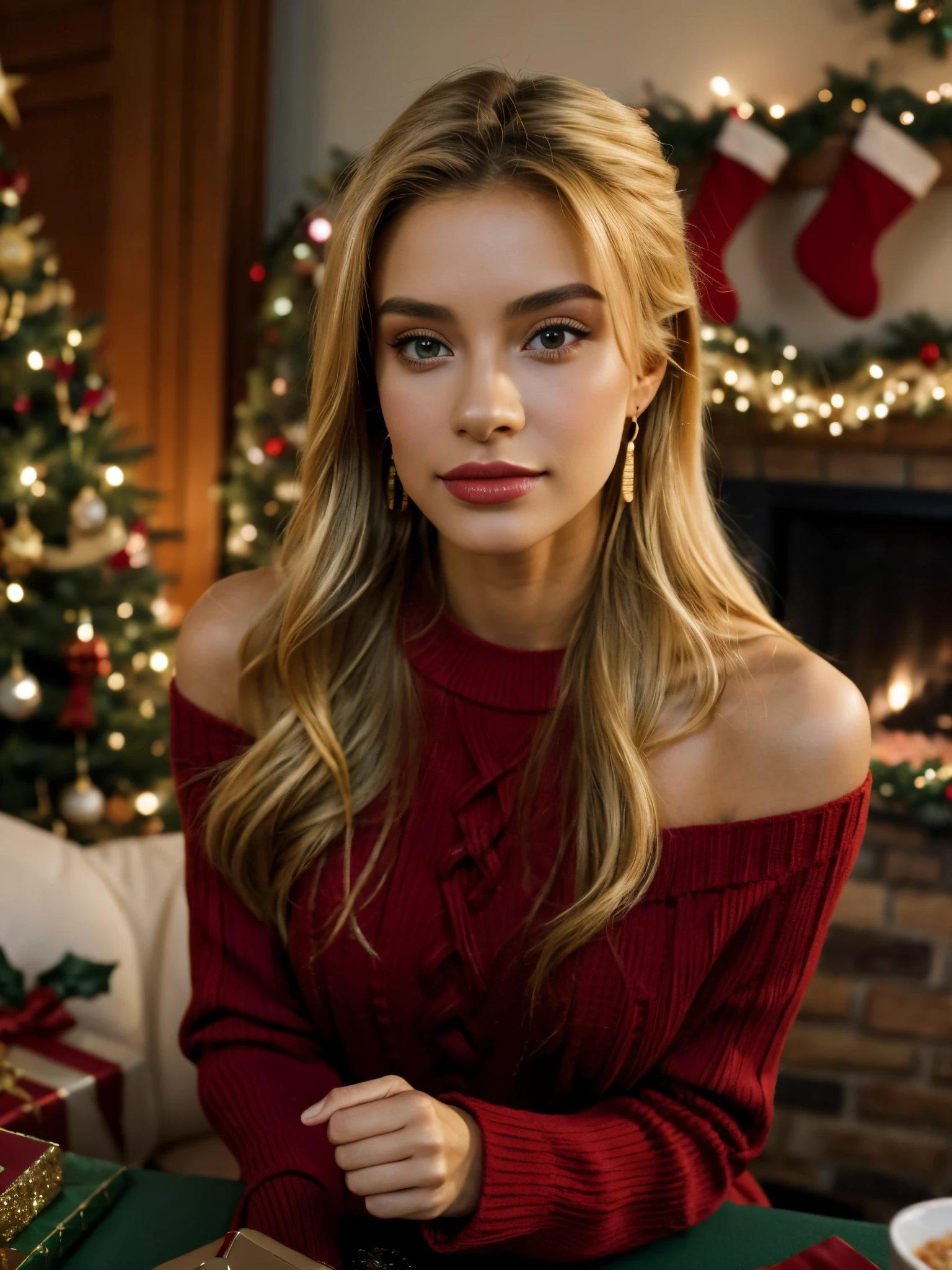 1girl, jewelry, blonde hair, red sweater, solo, looking at viewer, sweater, long hair, earrings, christmas tree, gift, indoors, blurry, blurry background, sitting, realistic, christmas, table, box,gift box, off-shoulder sweater, bare shoulders, off shoulder, chair, shoulder cutout, christmas ornaments, fireplace, long sleeves, cup,smile