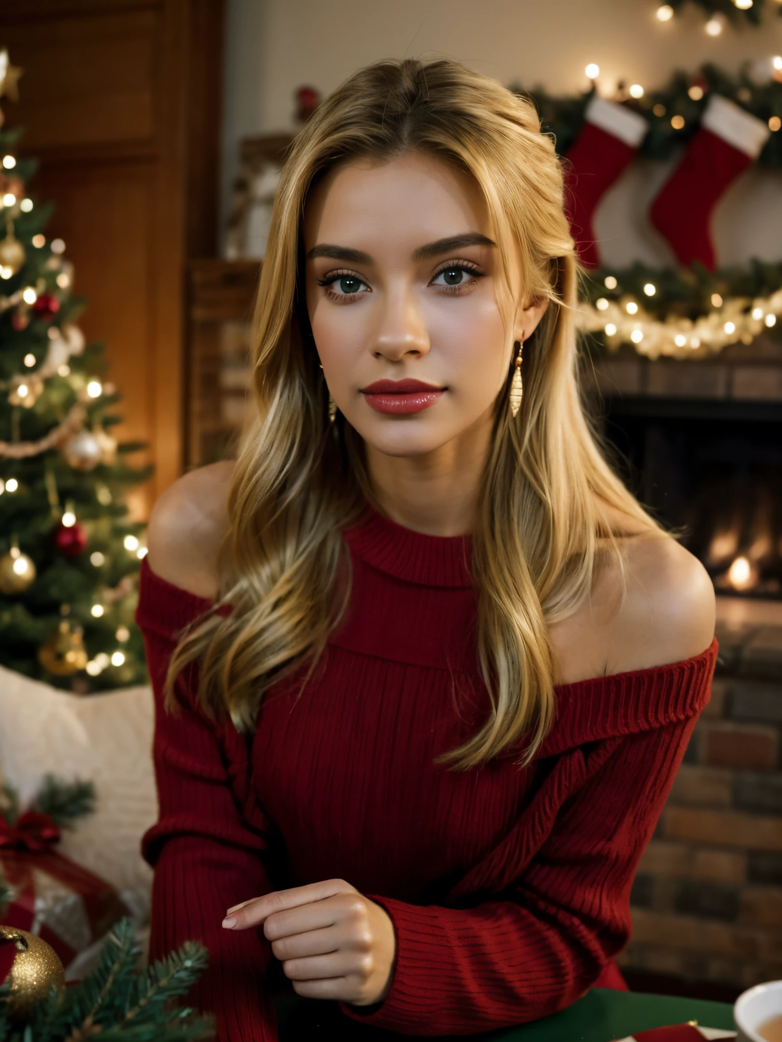 1girl, jewelry, blonde hair, red sweater, solo, looking at viewer, sweater, long hair, earrings, christmas tree, gift, indoors, blurry, blurry background, sitting, realistic, christmas, table, box,gift box, off-shoulder sweater, bare shoulders, off shoulder, chair, shoulder cutout, christmas ornaments, fireplace, long sleeves, cup,smile