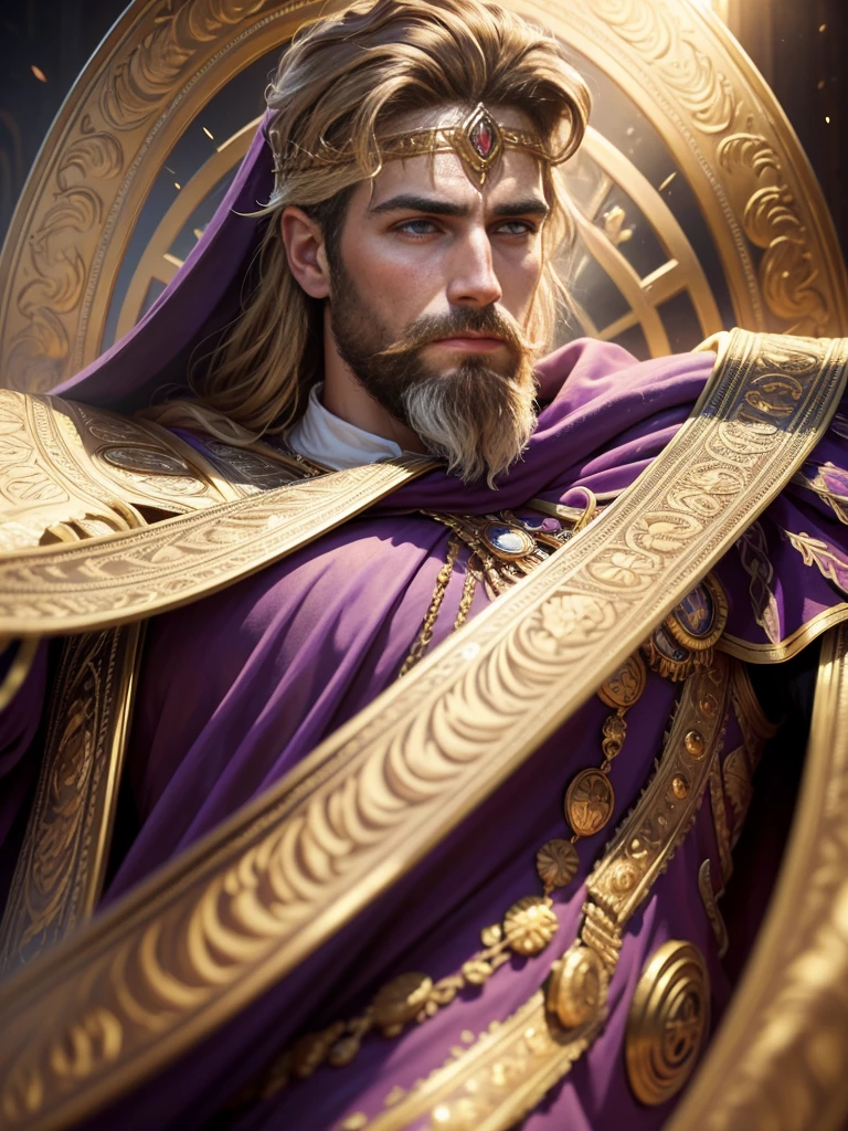 (best quality,4k,8k,highres,masterpiece:1.2),ultra-detailed,(realistic,photorealistic,photo-realistic:1.37),portrait,Constantine the Great,A magnificent portrait of Emperor Constantine,medium:oil painting,vivid colors,stately,elegant,royal,imposing,commanding presence,jewel-encrusted crown,historical accuracy,muscular build,strong jawline,piercing eyes,historical accuracy,detailed beard,full lips,thin facial features,determined expression,purple velvet robe,golden embroidery,epic background,powerful aura,golden light,halo effect,impressive size and scale,gleaming armor,guardian soldiers,mosaic floor,HDR,studio lighting