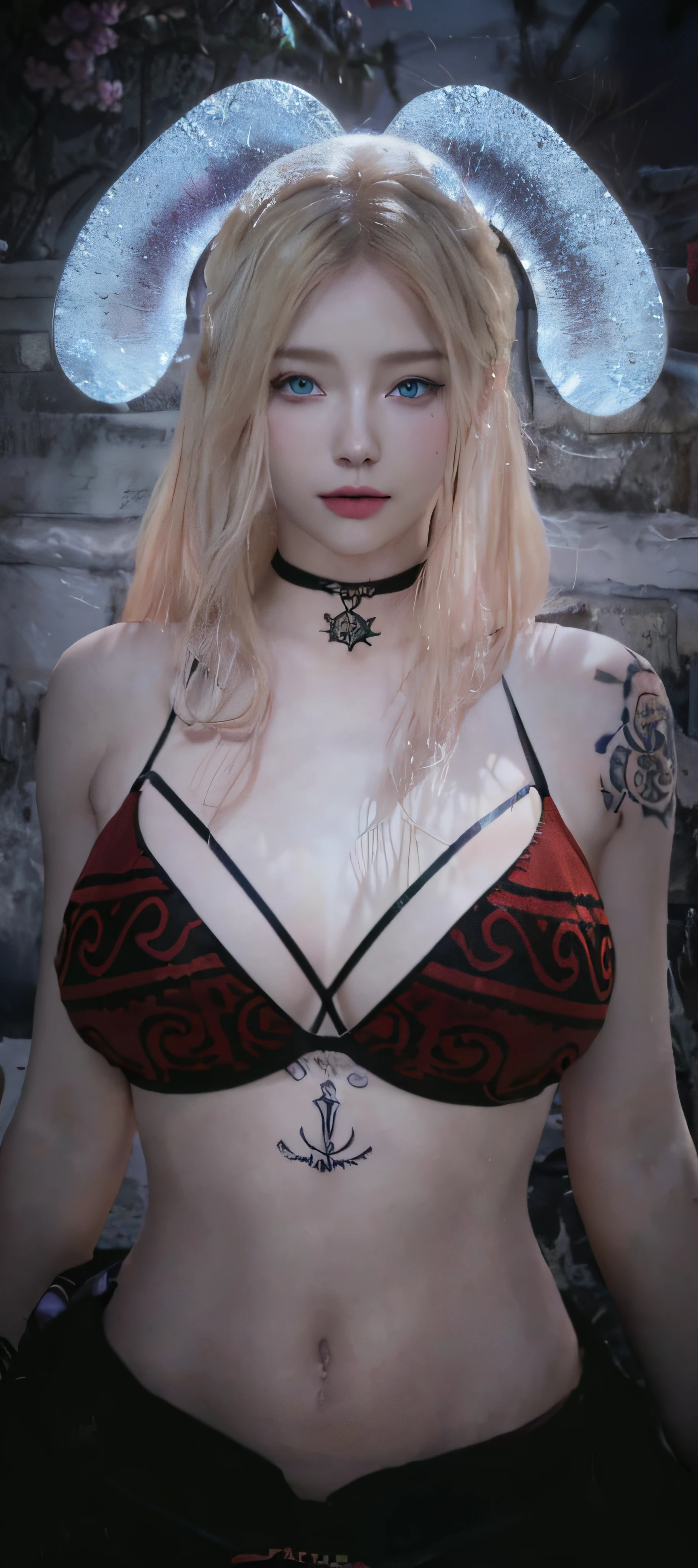 (realism), (blonde hair:1.3, blue eyes:1.2), glowing eyes, (low cut bra:1.2, thong :1.1), heavy breasted, (parted lips:1.1, blush:1.05), (night:1.1, flowers), (sun:1.05, sunlight), romantic, 3d render, best quality, (masterpiece), tattoos on body, looking at viewer