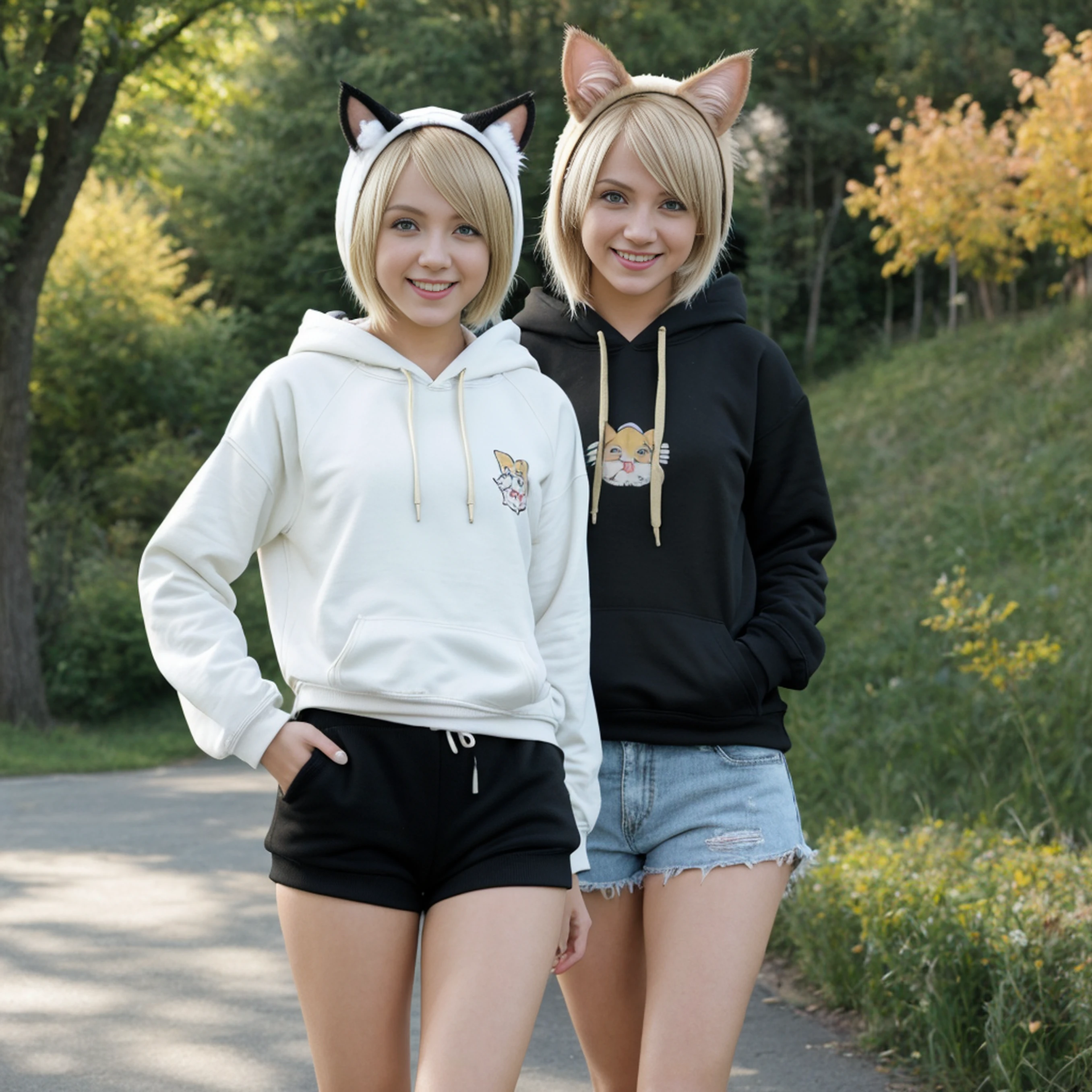 (masterpiece), (highest quality), (illustration), (super detailed), (high resolution), absurdity, one girl, (kagamine-rin), (vocaloid), smile, short hair, hair clip, (hoodie with cat ears), wearing a hoodie hat, moe sleeves, blush, black shorts, (blonde), (tattoo of the number 02 on the left arm), very cute girl, small, young, delicate, Outdoors, attention to girls