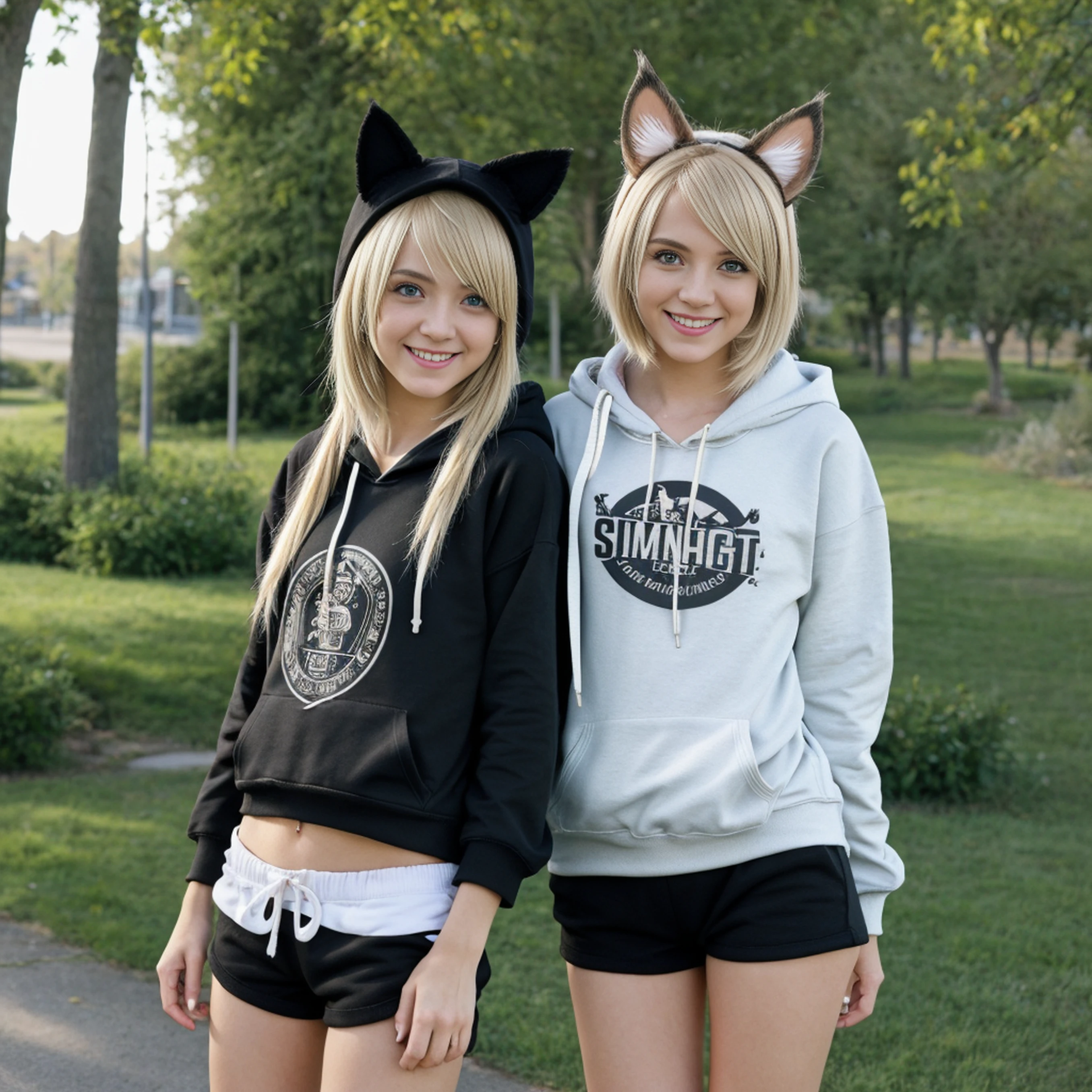 (masterpiece), (highest quality), (illustration), (super detailed), (high resolution), absurdity, one girl, (kagamine-rin), (vocaloid), smile, short hair, hair clip, (hoodie with cat ears), wearing a hoodie hat, moe sleeves, blush, black shorts, (blonde), (tattoo of the number 02 on the left arm), very cute girl, small, young, delicate, Outdoors, attention to girls