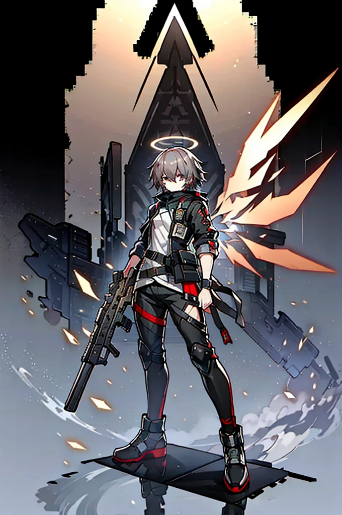 (masterpiece), best quality, solo, arknights design, arknights character, arknights style, dynamic pose, full body, arknights operator, lean body, toned body, Ash gray hair, white halo, sharp eyes, gray eyes, pale skin, medium height, dark, durable pants, reinforced jacket, vest, boots, pistol holster, pistol strap, combat knife, bangs between eyes, man, young man, boy, male, militant, holographic angular shaped wings, ashes, black smoke from behind, black silence, night