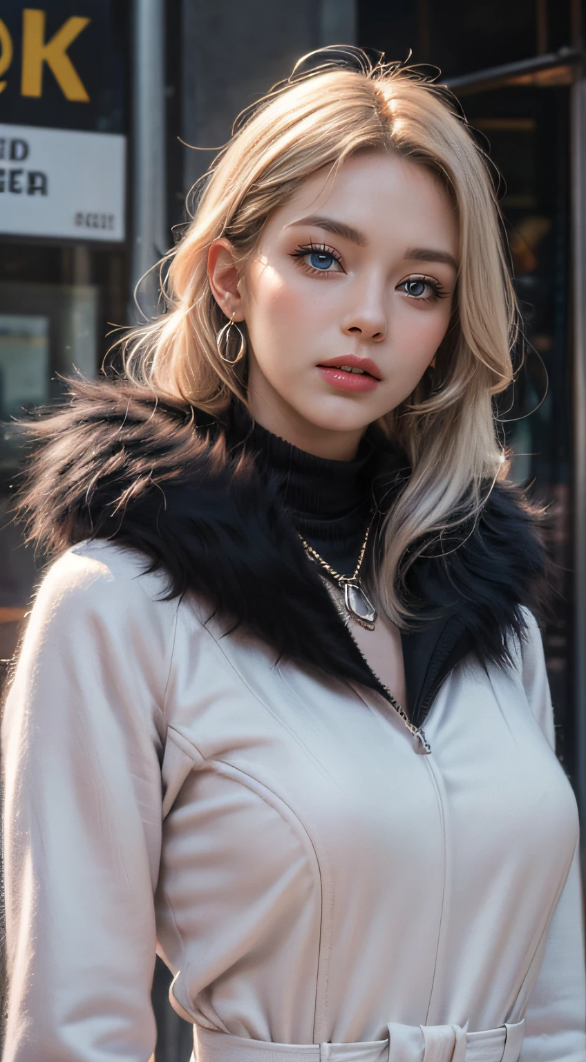 photorealistic, high resolution, 1women, shining skin, solo, jewelry, pink lips, long white hair, blue eyes, closed mouth, hips up, black fur coat,