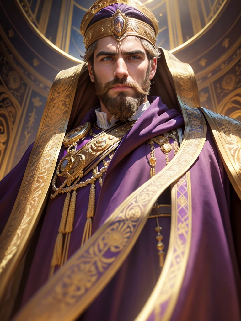 (best quality,4k,8k,highres,masterpiece:1.2),ultra-detailed,(realistic,photorealistic,photo-realistic:1.37),portrait,Constantine the Great,A magnificent portrait of Emperor Constantine,medium:oil painting,vivid colors,stately,elegant,royal,imposing,commanding presence,jewel-encrusted crown,historical accuracy,muscular build,strong jawline,piercing eyes,historical accuracy,detailed beard,full lips,thin facial features,determined expression,purple velvet robe,golden embroidery,epic background,powerful aura,golden light,halo effect,impressive size and scale,gleaming armor,guardian soldiers,mosaic floor,HDR,studio lighting