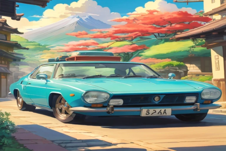 A blue car is parked on the street in front of the mountain, ghibli vibe, miura kentaro style, studio ghibli painterly style, 8k, ghibli artstyle, anime vintage colors, anime art vehicle concept art, Ghibli art style, Studio Ghibli filters, praise, Rob Ray and Kentaro Miura style, lofi art