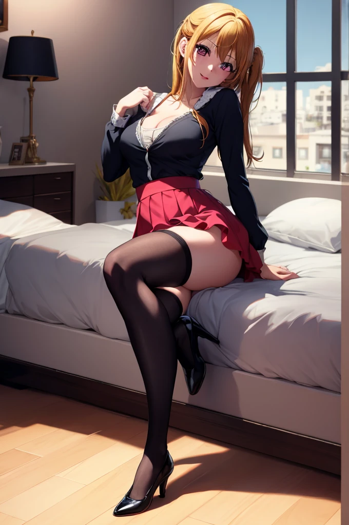 anime, beautiful face, highly detailed face, detailed perfect eyes, perfect hair, perfect lips, accurate arms, accurate hands, perfect legs accurate footware. highly detailed background, perfect lighting, full bod,y, 1girl, solo, ruby hoshino, ruby, oshi no ko, bedroom, heels, blonde hair, thighhighs, stockings, bedroom, absurdres, high res, ultrasharp, 8K, masterpiece, looking at viewer, (sexy pose:1.4), (full body:1.5), horny face, teasing face, school outfit, school uniform, skirt, cleavage, stockings, sitting down, sitting away from viewer, looking back over her shoulder, view from behind, sfw