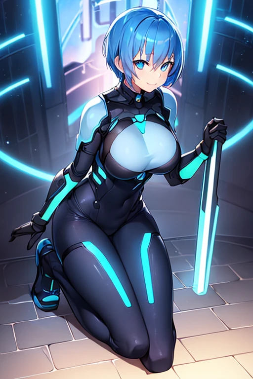 1girl, wide hips, large breasts, wide hips, blue hair, short hair, very short hair, blue eyes, bodysuit, black bodysuit, futuristic, machinery, science-fiction, tech, shoes, sneakers, neon trim, blue neon trim