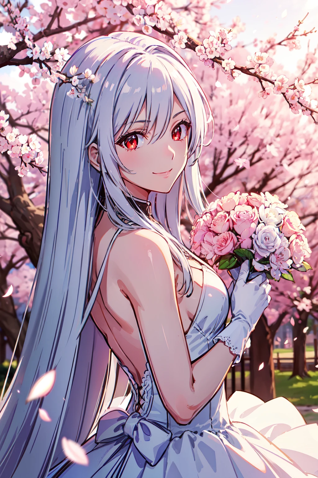 1 girl, 28 years old, Long silver hair, red eyes with slit pupils, small breasts, master-piece, best quality,  proportional body, proportional, Wedding Dresses, White Wedding Dress, Long skirt, wedding, Under the cherry blossom tree background, Cherry blossom petals are falling, outdoor, wedding,  close-up of the upper body, The sky is beautiful, Both hands hold a bouquet of flowers, white gloves, Make eye contact with the camera, back figure, looking back, (light_Smile:1.5), (Detailed hands and fingers:1.2)