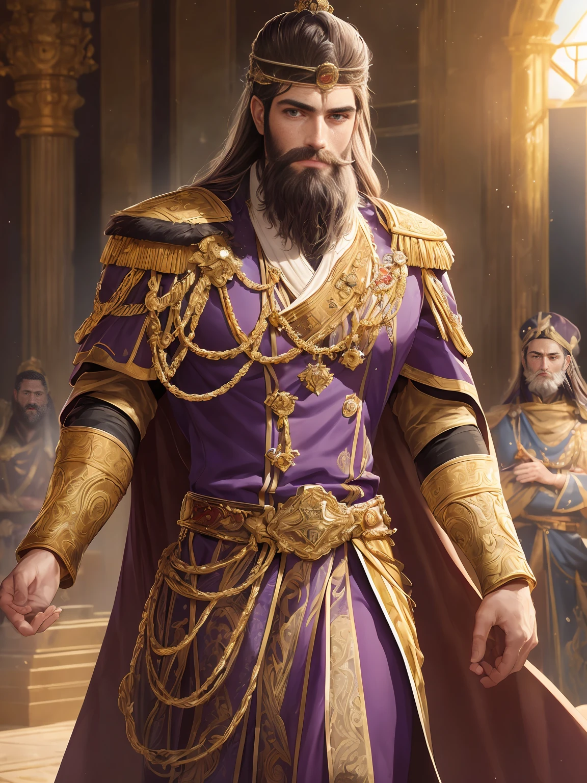 (best quality,4k,8k,highres,masterpiece:1.2),ultra-detailed,(realistic,photorealistic,photo-realistic:1.37),portrait,Constantine the Great,A magnificent portrait of Emperor Constantine,medium:oil painting,vivid colors,stately,elegant,royal,imposing,commanding presence,jewel-encrusted crown,historical accuracy,muscular build,strong jawline,piercing eyes,historical accuracy,detailed beard,full lips,thin facial features,determined expression,purple velvet robe,golden embroidery,epic background,powerful aura,golden light,halo effect,impressive size and scale,gleaming armor,guardian soldiers,mosaic floor,HDR,studio lighting