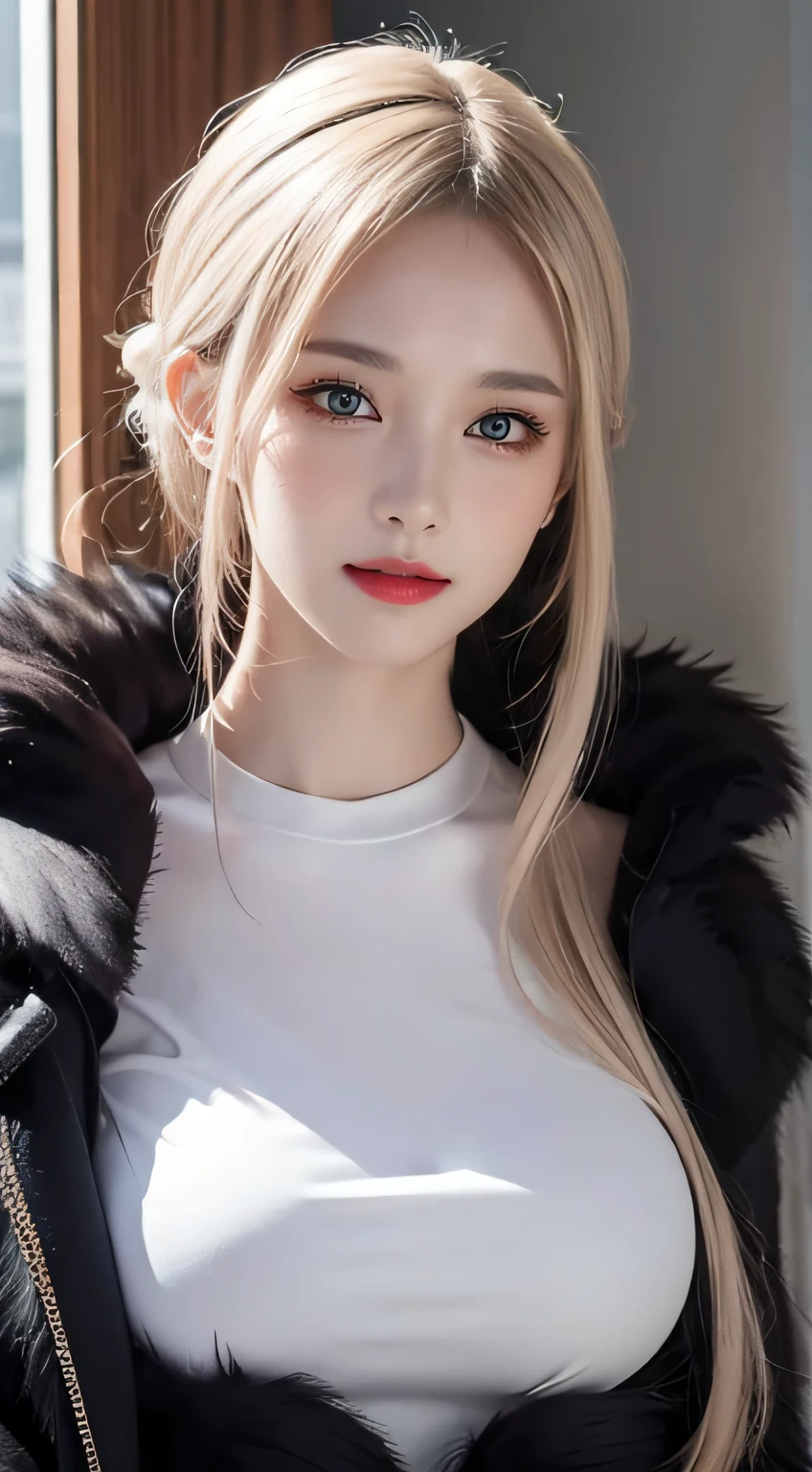 photorealistic, high resolution, 1women, shining skin, solo, jewelry, pink lips, long white hair, blue eyes, closed mouth, hips up, black fur coat,