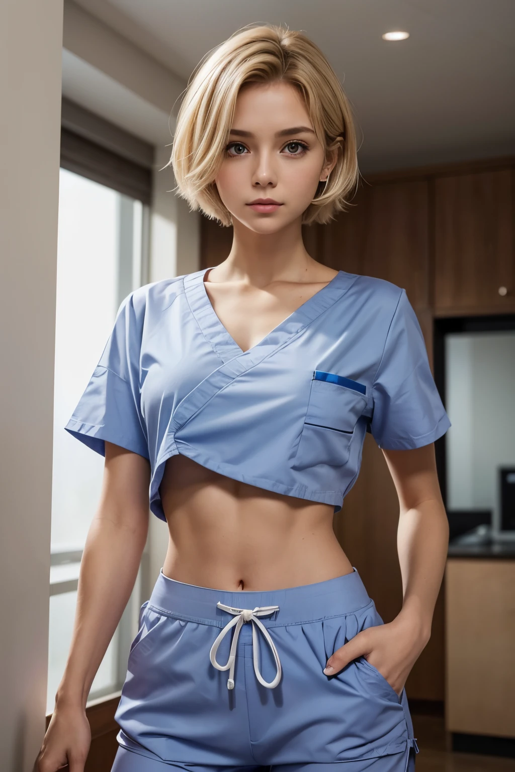(1Girl, short, fit and toned, B-cup breasts, little tired face), Short blonde hair, wearing nurse scrubs consisting of a blue top and matching pants, in a room