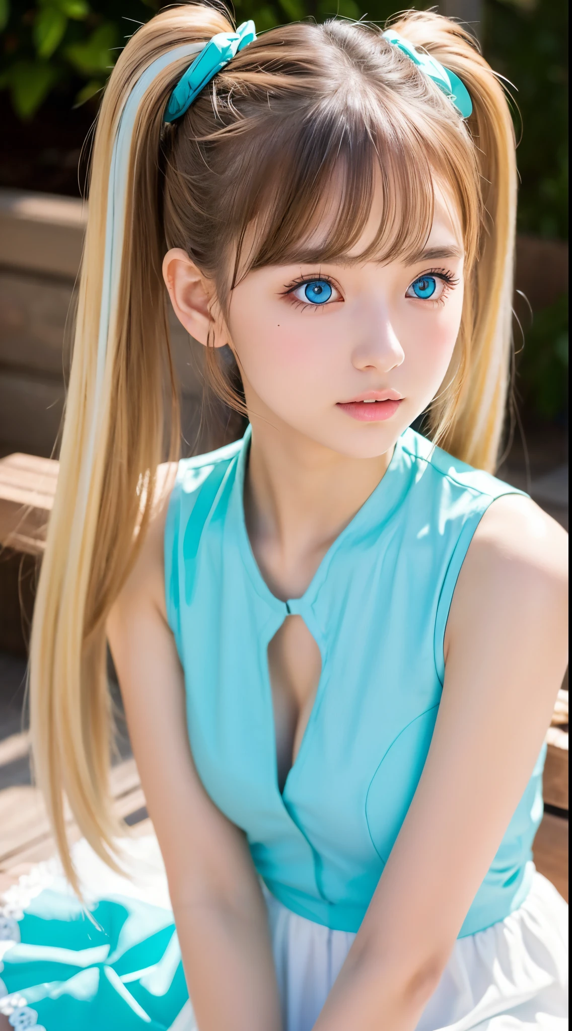 Twin tails are sexy, So that person'S face.., It's really cute and beautiful、Your glowing skin is so beautiful.、Beautiful disheveled bangs、Very beautiful and cute sexy bright sky blue eyes、very big eyes, Beautiful, very long, shiny, soft blonde hair、18 years old petite, really beautiful and cute girl、Glossy face、teak polished、White and beautiful skin、White dress, turquoise decoration,