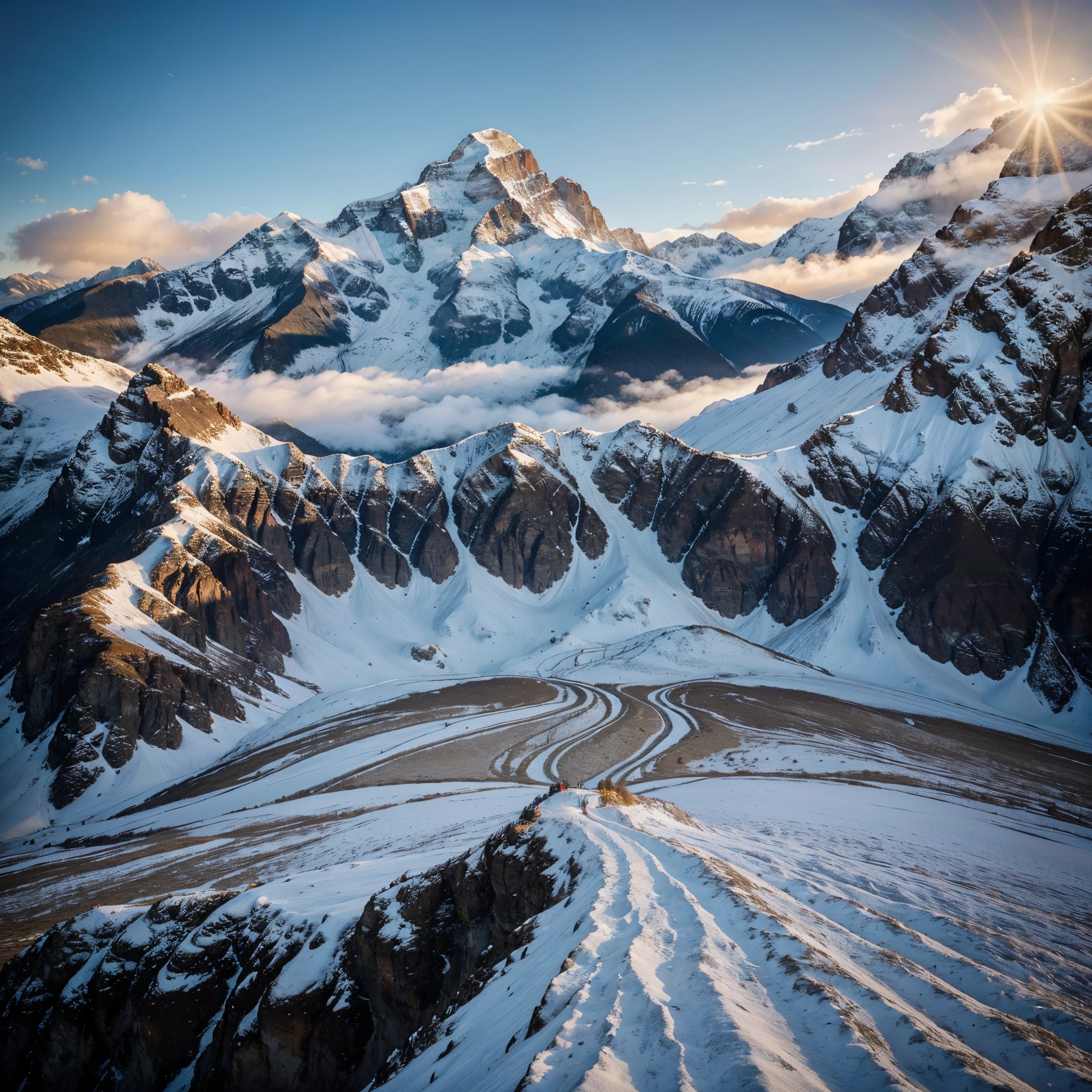 The majestic scene captures a towering mountain range against a breathtaking sky. The landscape unfolds with magnificent peaks adorned with glistening snow, embraced by billowing clouds. A serene lake, nestled in the midst of this natural wonder, reflects the ethereal beauty above. This impeccably composed photograph showcases the alps in winter, capturing the vibrant hues of a stunning sunset casting a warm glow upon the high peaks. The image transports viewers to a moment of awe-inspiring tranquility, where a dormant volcano stands amidst rugged rocks and icy terrain. As the night surrenders to a brilliant sunrise, the surrounding hills bask in the soft golden light. This remarkable image epitomizes the allure of outdoor exploration and offers a breathtaking view of nature's grandeur.