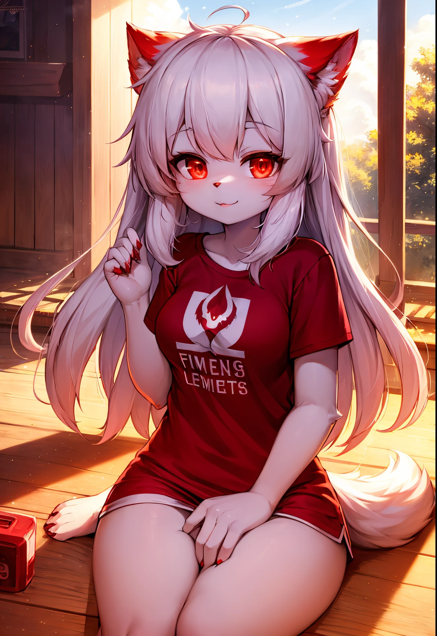 Sweet girl, A fluffy, white fur, Very nice face, colored, Red elements on fur, Glowing T-shirt, Beautiful light and shadows, Ambient light, Ultra detailed fur, surround light