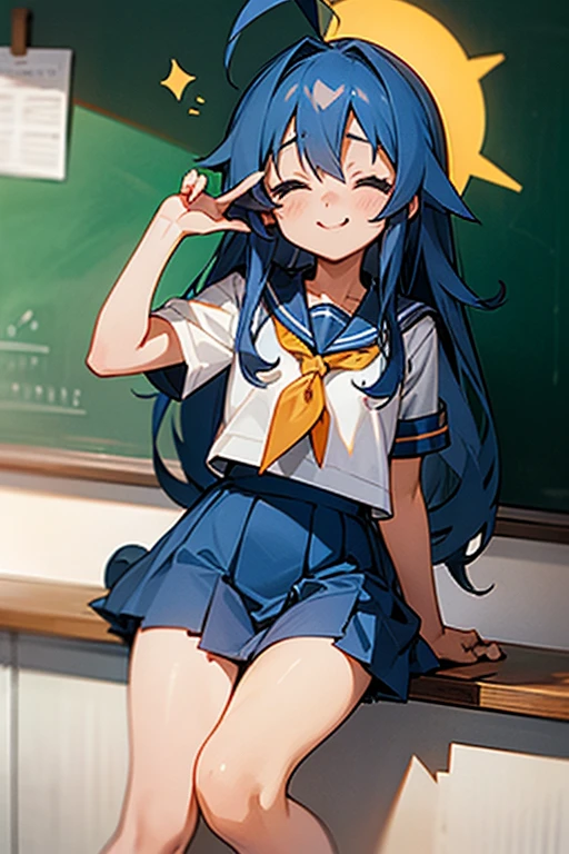Konata Izumi、Ahoge、long hair that reaches down to the legs、a sailor suit、squint smile、M-shaped mouth、Classroom、In front of the blackboard
