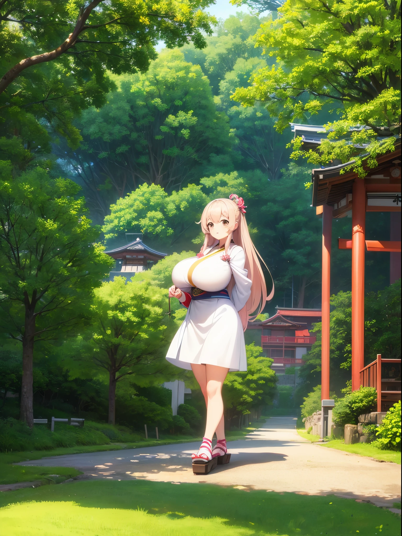 masutepiece, Best Quality, (Very detailed CG Unity 8K wallpaper) (Best Quality), (Best Illustration), (Best Shadows) Nature&#39, Ultra Detailed - V6,Beautiful woman in a white dress waiting at an amusement park in Tokyo、japanese cartoon style,very huge huge busty woman,