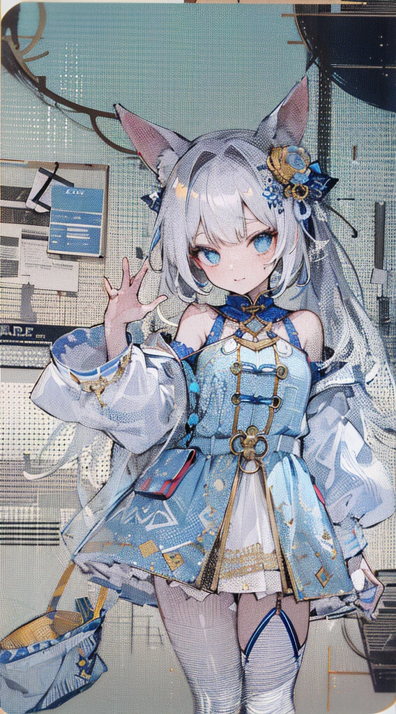 ((tmasterpiece:1.4,Best quality))++,(hyper-detailing)+,(Best quality,hyper-detailing,vivd colour,rich colourful,dynamic angle,hight contrast:1.2),a sweet and cute girl,Height 158 cm,Long waist-length white hair,(Micro Chinese classical hairstyle,White pompom accessories can be found everywhere,Peach blossom decoration on head,The overall color scheme is:white colors,in pink,Sky blue and a touch of gold as accents(various shades of colors),Wear a long-sleeved dress(various shades of colors,Decorated with gold lace,Classical Chinese elements),Wearing a blue and white short-sleeved jacket((Gold lace and button trim,hyper-detailing)),Paired with white horse ears and white ponytail,National tide background,Booties,The weapon is a rose gold bow,lively and lovely,Draw the whole body,Fashionab,National tide background, with dynamism, garments, placed in a, Street, rich colourful, That's it, Background with, element in, self-assured, expressed, statement, Just right, coilloor plan about the, Scenes, Cover of a, boldness, attention-grabbing,Fashionab, typeface, Catchy, striking modern, Fashionab, focal, Fashionab,delicated face,exquisite facial features,National tide,Draw the whole body