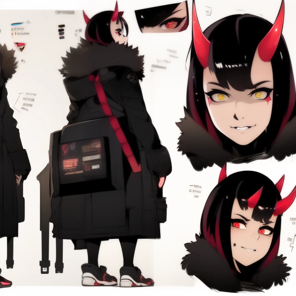 (best quality,4k,8k,highres,masterpiece:1.2),ultra-detailed,realistic, portraits,concept artists,saturated colors, studio lighting,bokeh,a girl with a pair of horns, short and straight hair, black sclera, yellow pupils, red fur, cybernetic details, cyberpunk