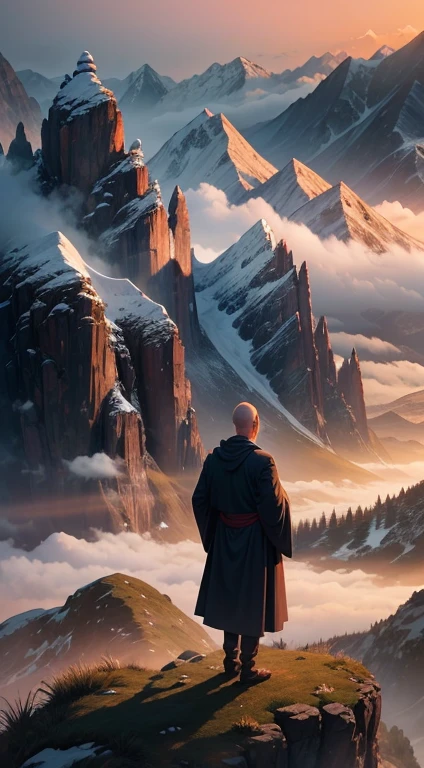 A serene mountain landscape at dawn, with mist-covered peaks and a tranquil monastery nestled among the hills, A zen master is standing with smile face