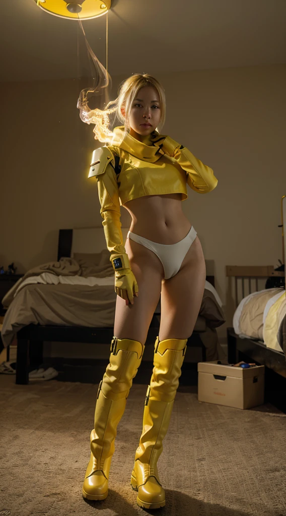 white korean girl, blonde hair, with a yellow futuristic and technological armor, scarf, Gloves, Boots, action movie pose, yellow fire and smoke background in bedroom, detailed, realistic, 4k, cinematic.