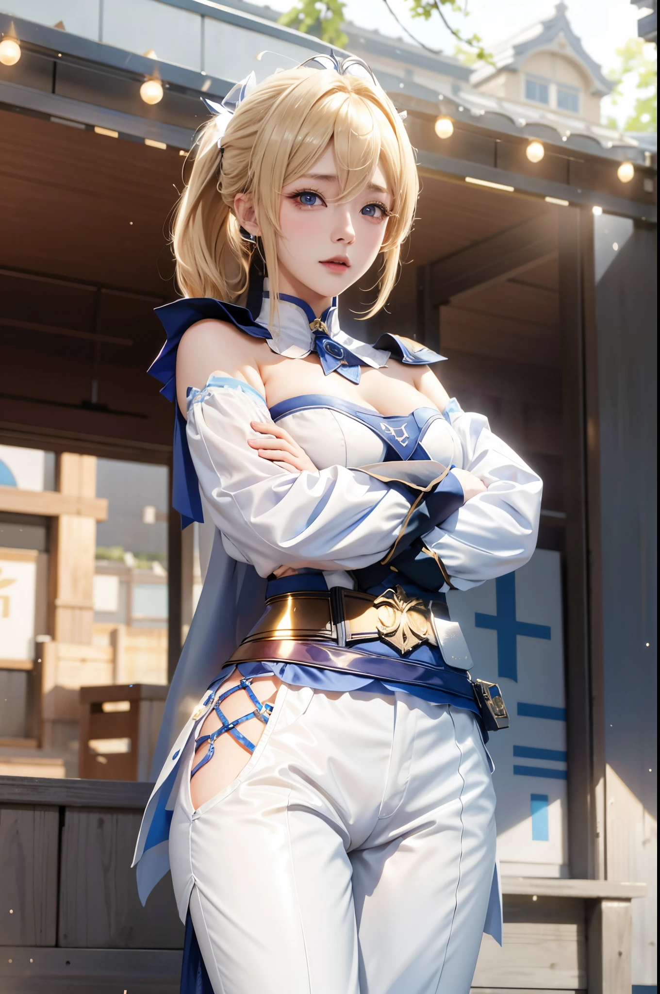 Anime character with blond hair and blue eyes standing in front of a building, Ayaka Genshin impact, Artoria Pendragon, ayaka game genshin impact, Kushatkrenz Important Women in the Arts, offcial art, 《genshin impact》Ke Qingyu, Genshin impact's character, anime visual of a young woman, translucent liquid from《Azure route》videogame, genshin impact，long white pants