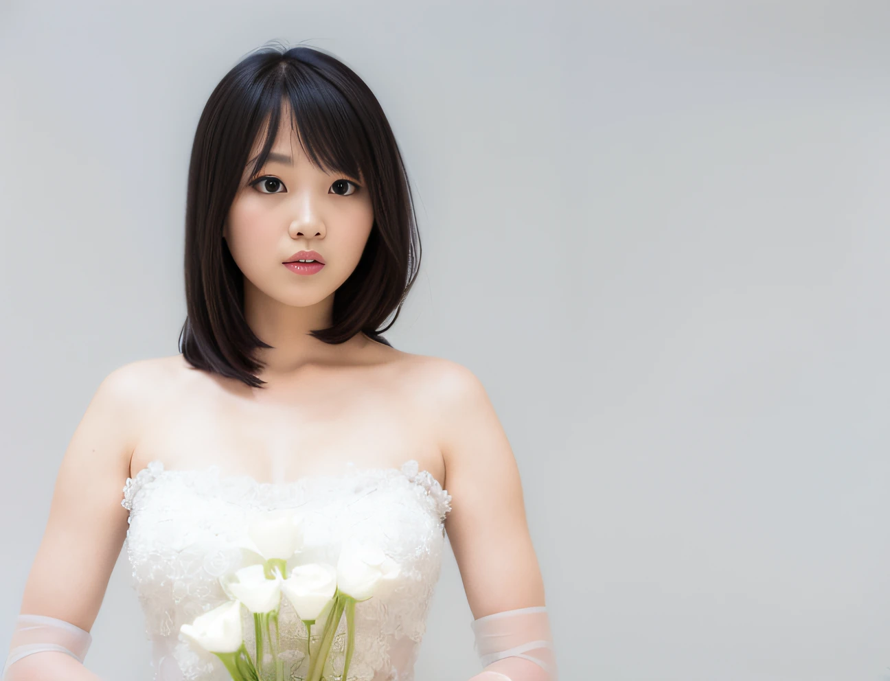 There was a woman in a white dress holding a bouquet of flowers..., The front and back are white., reduce.., Close-up photography studio, taken with canon eos 5 d mark iv, captured on canon eos r 6, a young asian woman, asian women, shot with canon eoa 6 d mark ii, Wear an organza dress., White background : HotHot Studio