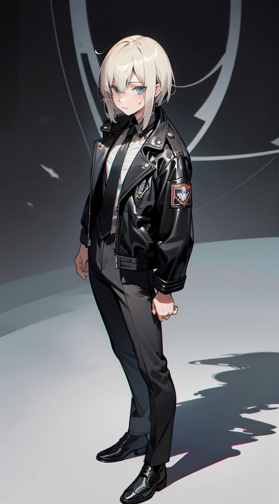 illustration, 2.5D, flat colors: 1.3, Line-Art, black and white, (detailed lights, detailed shadows),arafed man in a black jacket and tie standing in a studio, in an old 1950s leather jacket, very aesthetic leather jacket, wearing samcrow leather jacket, leather pilots uniform, dressed in leather jacket, pose 4 of 1 6, wearing a leather jacket, dressed in short leather jacket, gopnik in a black leather jacket,((modern clothes )) Looking at the Viewer, looking at the camera