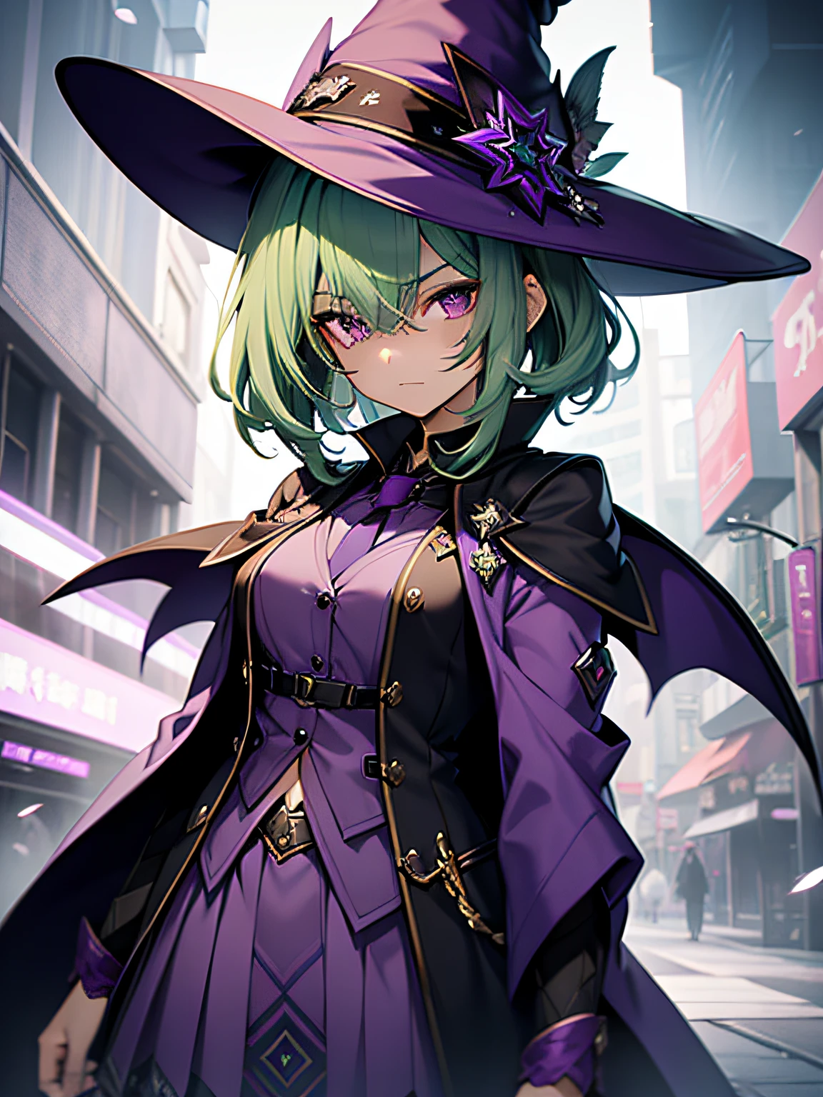 top-quality、extremely delicate and beautiful、(A teenage girl)、Purple Eye、Green hair、short-haired、(purple witch hat)、Purple tie、Soio、shortsleeves、Purple skirt、Tactical Vest,Purple Wizard Robe、Navel、 Standing、Facing the front、Expression of hatred、Dark background、Eye mark only