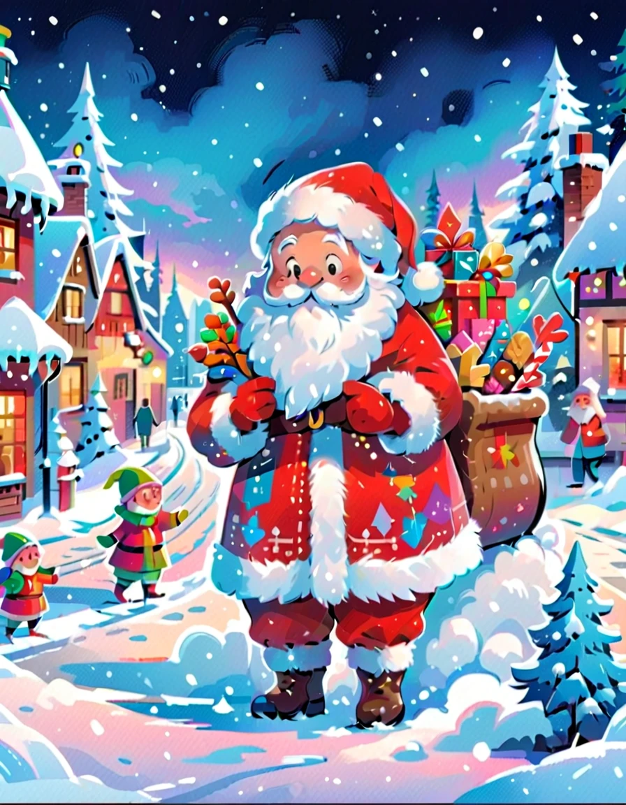 Lovely Santa，Christmas elements decoration，surrounded by snow，colorful shapelue backdrop，MBE illustration，Thick lines，Vivid color scheme，Sharpie illustration