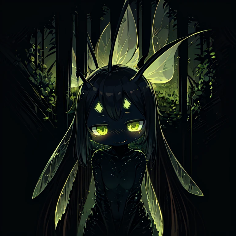(Dark Environment: 0.8), Shadow, Curse Spread, Insect Parasitism, Moss Skin, Dark Moss Scales, Carapace Skin, Bug girl, Cute Face, Solitary, Insect Assimilation, Lots of Insect Features, Light Wings, Arthropods, Multi-Handed, Sharp Claws,  human female,
