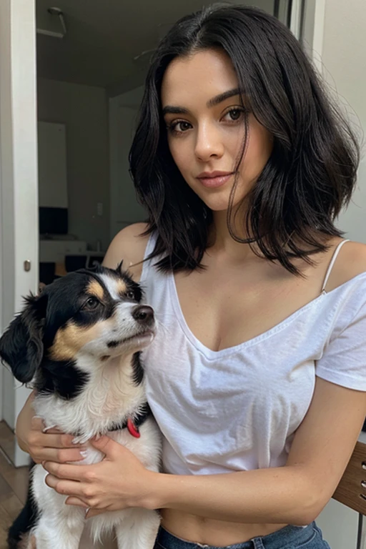 black hair woman holding a dog