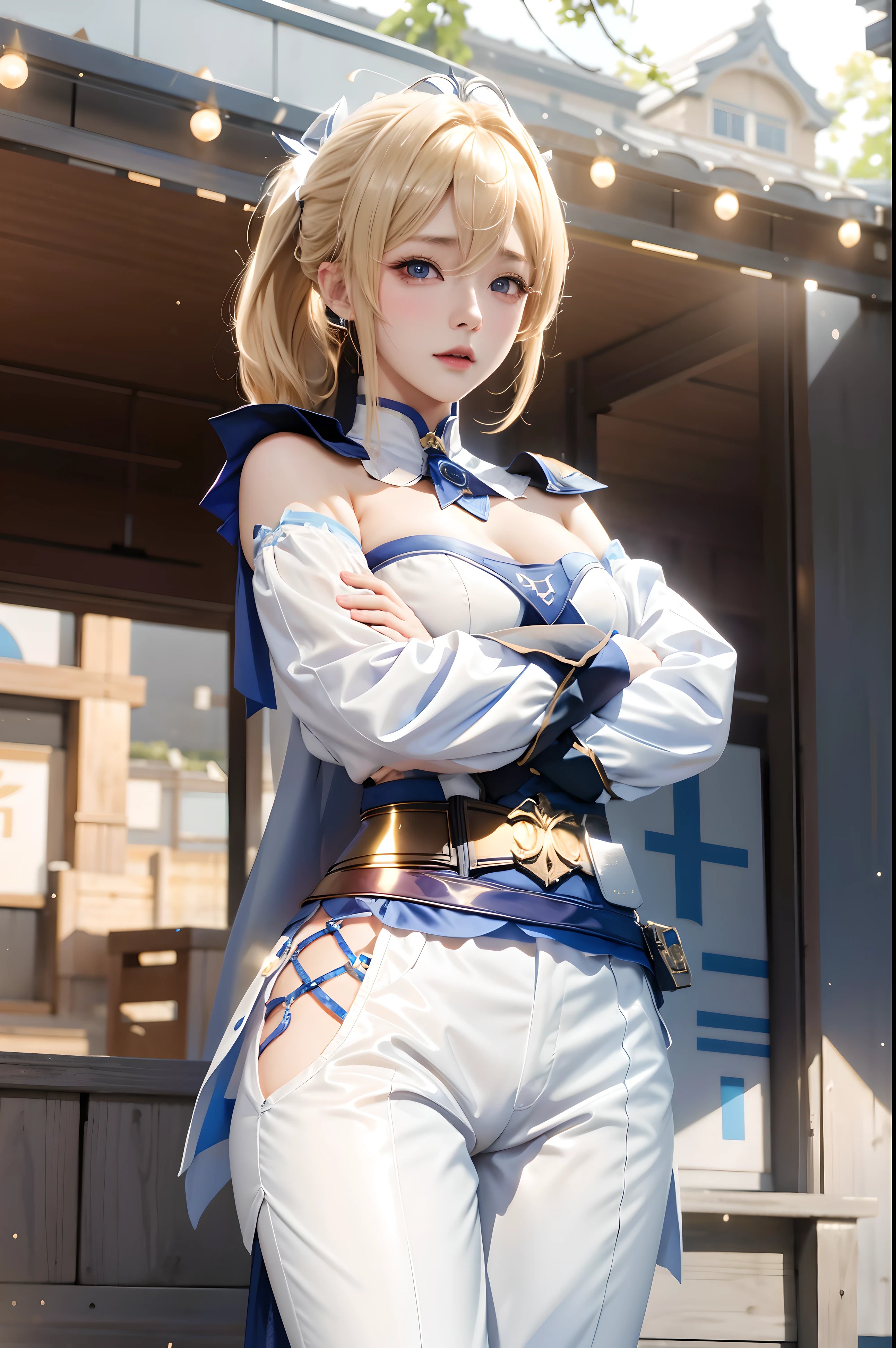 Anime character with blond hair and blue eyes standing in front of a building, Ayaka Genshin impact, Artoria Pendragon, ayaka game genshin impact, Kushat Krenz Important Women in the Art World, offcial art, 《genshin impact》Ke Qingyu, Genshin impact's character, anime visual of a young woman, Translucent liquid comes from《Azure route》videogame, genshin impact，long white pants